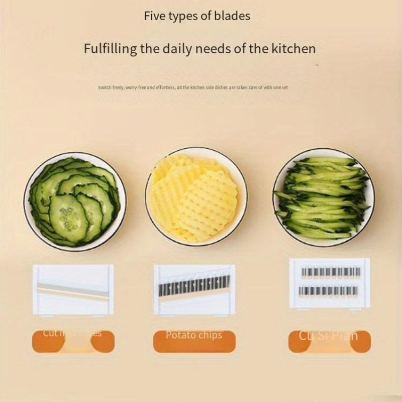 [Heavy-Duty Chopper] Heavy-Duty Manual Vegetable Chopper with 5 Blades - Multifunctional Kitchen Slicer, Grater & Cutter for Carrots, Cucumbers, Potatoes - No Electricity Needed, Easy-Clean Blades - Compact Design, Suitable f