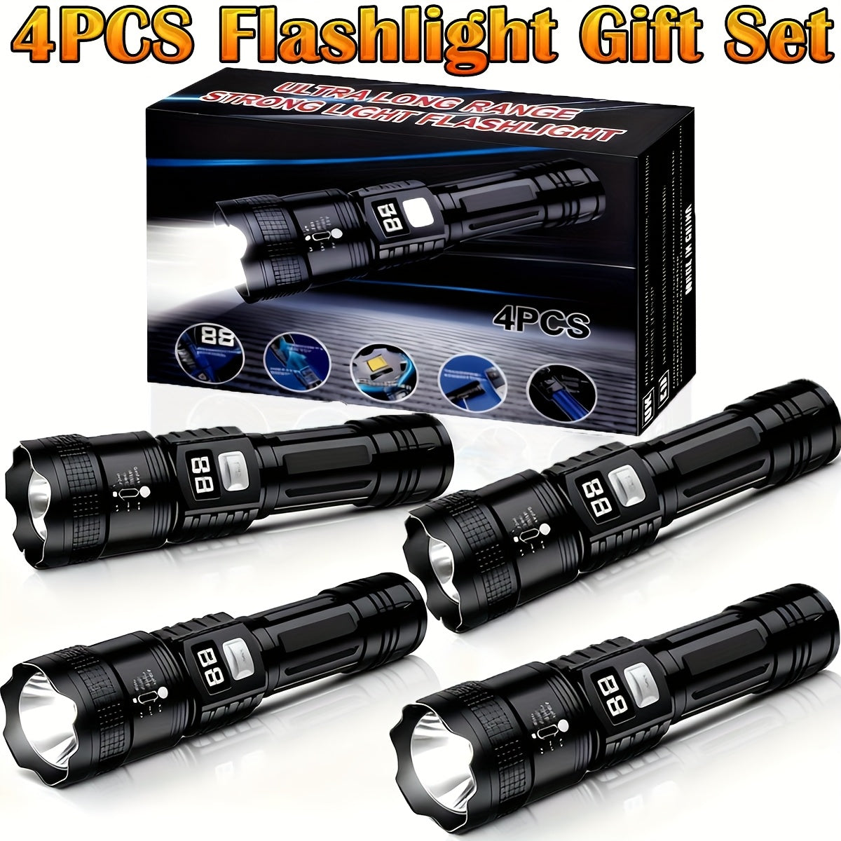 4pcs Rechargeable High-Power LED Flashlights with Zoomable Spotlight, USB Cable, Super Bright, Long Range, Tactical Work Light for Camping, Hunting, Hiking, Emergency