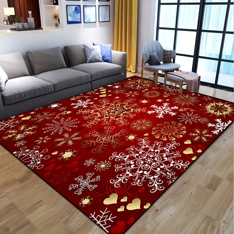 1pc Christmas Snowflake Area Mat - Red with Golden & White Snowflakes, Non-Slip Machine Washable Mat for Living Room, Bedroom, Entryway, Outdoor Patio & Garden Decor, Festive Holiday Home Decor, Rectangular Shape, Multiple Si