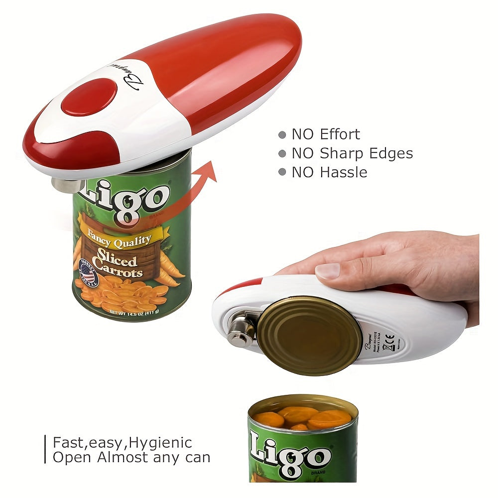 Bangrui Electric Can Opener - Hands-Free, Battery-Operated with Smooth Edge, Red & White Design, Ideal for Seniors with Arthritis, Easy-Grip Kitchen Gadget, Modern Kitchenware | Durable Plastic Body