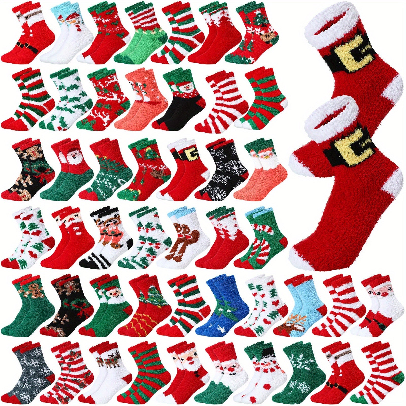 [Christmas Socks] 52 Pairs Plush Polyester Christmas Socks for Women & Girls - Soft Warm Winter Slipper Socks with Santa Reindeer Snowman Elf Designs, Festive Striped Dotted Solid Colors, Holiday Party Favors & Novelty Gift P