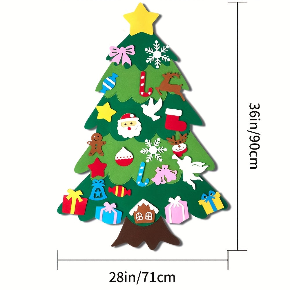 DIY Felt Christmas Tree Set with Ornaments & Snowman Advent Calendar, All-in-One Felt Craft Kit with Pre-Cut Pieces, Easy Assembly for Kids & Toddlers, Green Tree Base with Red/White Striped Snowman, Colorful Ornaments Hearts