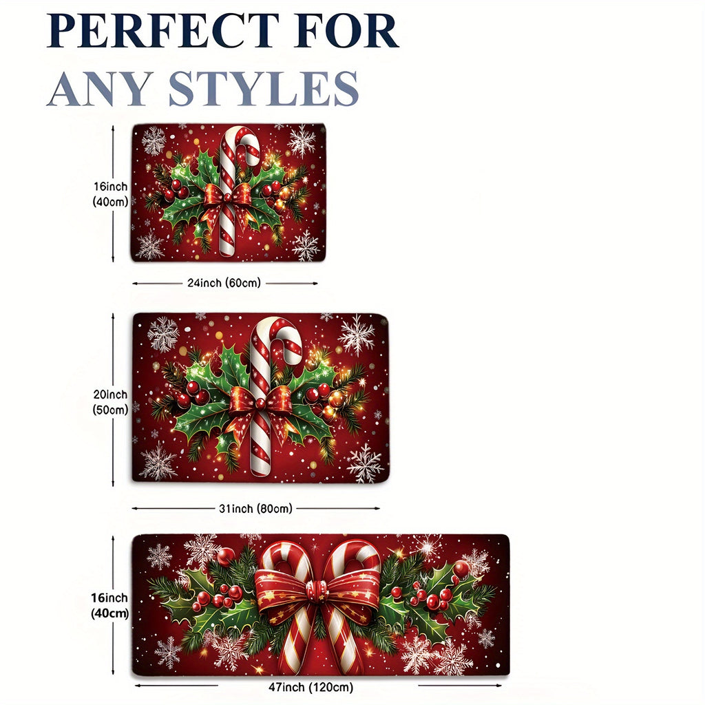 2/3pcs Merry Christmas Winter Decor Candy Canes Holly Snowflake Kitchen Mat Set, Luxury Holiday Red Green Memory Foam Mat for Easy Cleaning - Festive Home Gift