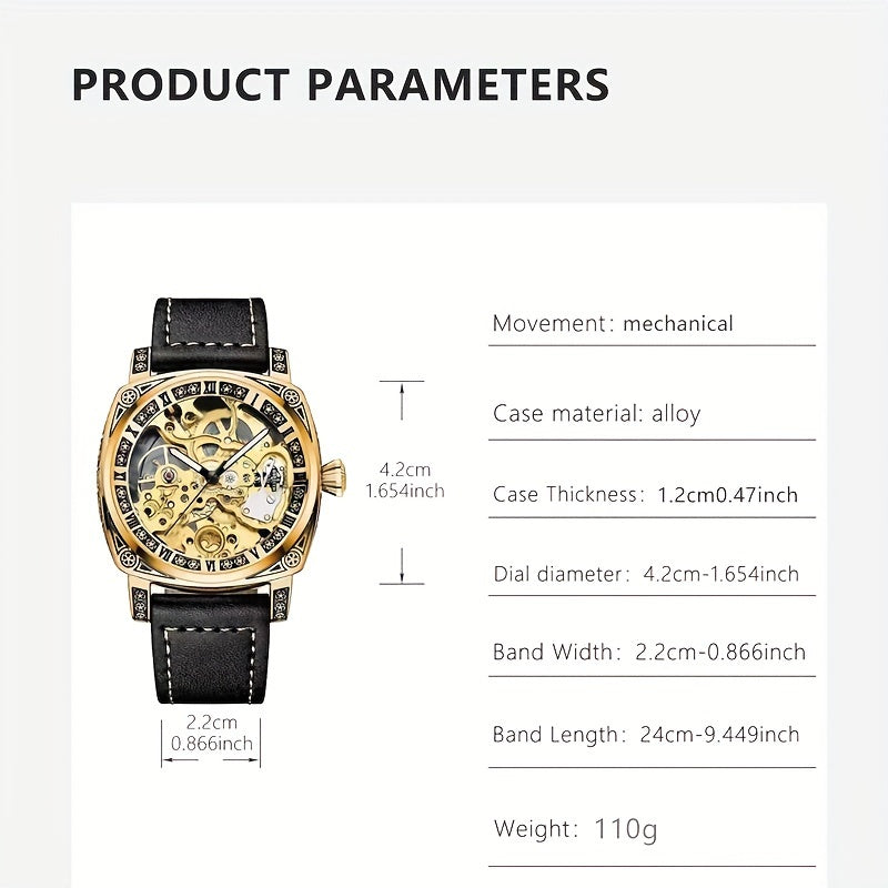 Men's Golden-Tone Automatic Mechanical Watch with Carved Hollow Skeleton Dial, Roman Numerals & World Time Function - Luxury Fashionable Round Watch for Casual & Formal Occasions, Formal Timepiece