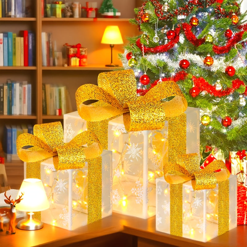 3pcs Christmas Thanksgiving LED Light-Up Gift Box with Multiple Lights Modes, No Built-Battery Glowing Decorative Red Bow Xmas Tree Yard Home Ornament (3*AA Batteries Not Included), Christmas Decorations For Home, Santa Claus