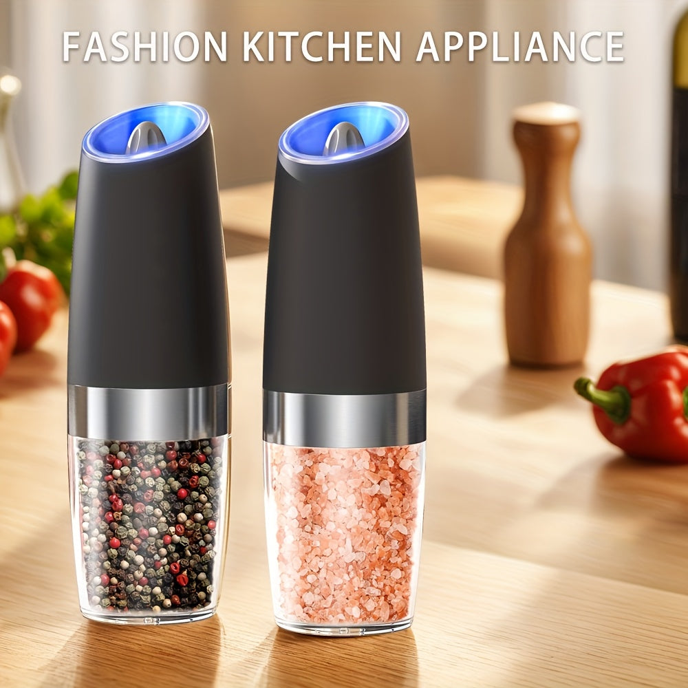 1pc/2pcss Electric Salt And Pepper Grinder, Automatic Pepper Mill, Salt And Pepper Grinder Electric 2pcs, Tilted Automatic Grind With LED Light, Battery Powered, Adjustable Coarseness, Easy To Clean, One-Hand Operation, Kitch