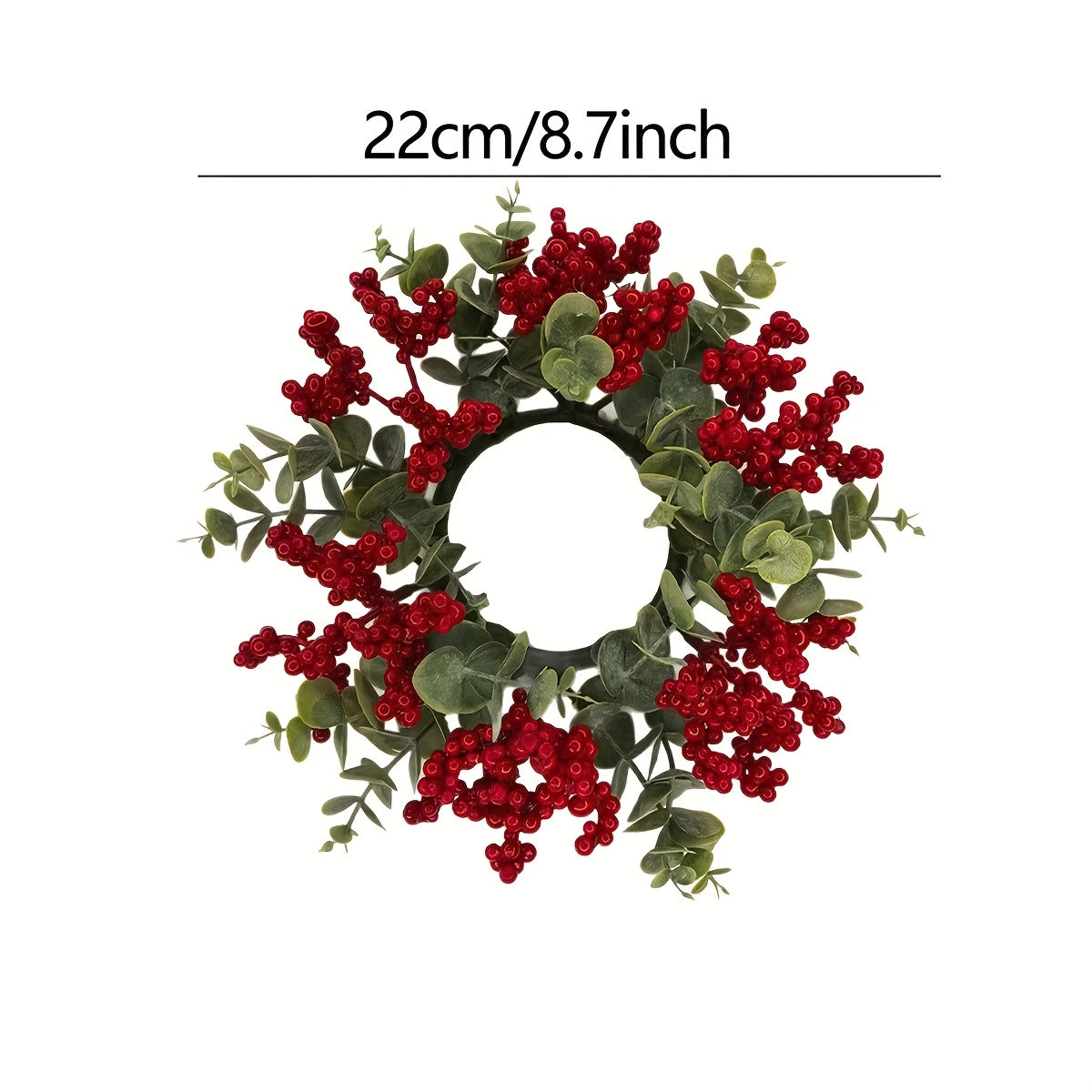 1pc/2pcs Christmas Crafts Ornaments Garland Decor Artificial Eucalyptus Red Berry Candle Rings Home Decoration,Winter Xmas Candles Small Wreath for House Tabletop Wall Door Hanging Decor Fake Silvery Dollar Plant Leaves Candl