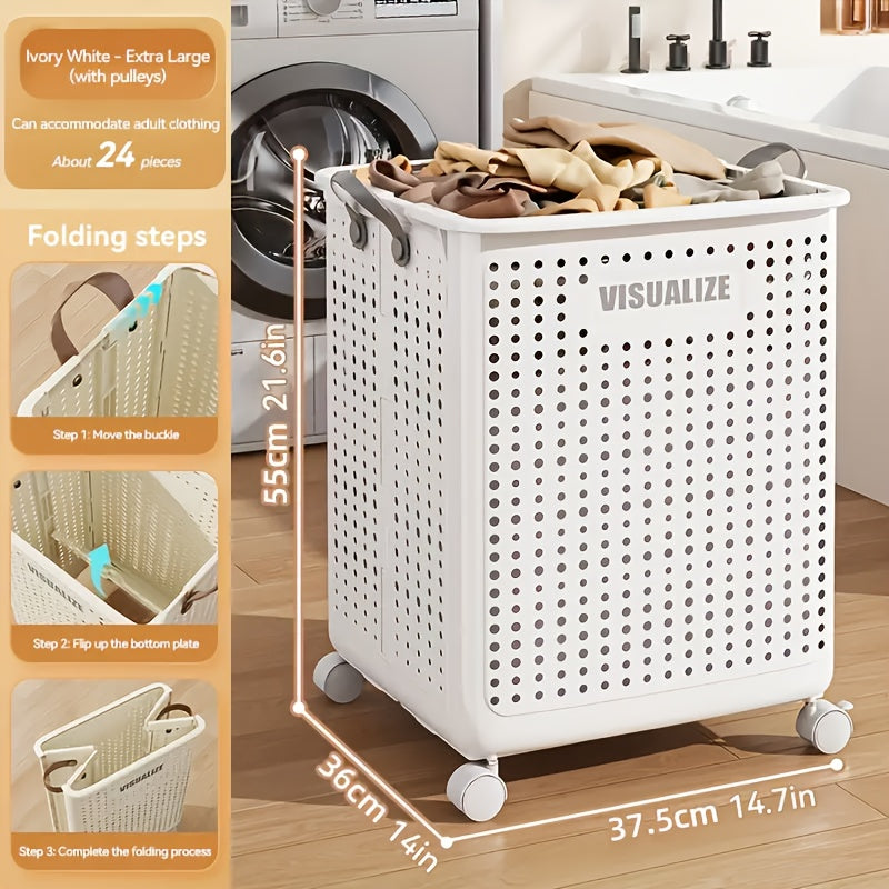 15.8/205GaA Large Foldable Wheeled Laundry Basket (Multiple Sizes Available) Without Lid - Faux Leather, Solid Color, Versatile Folding Portable Laundry Basket for Bathroom and Balcony Storage, Laundry Bag, Laundry Room Acces