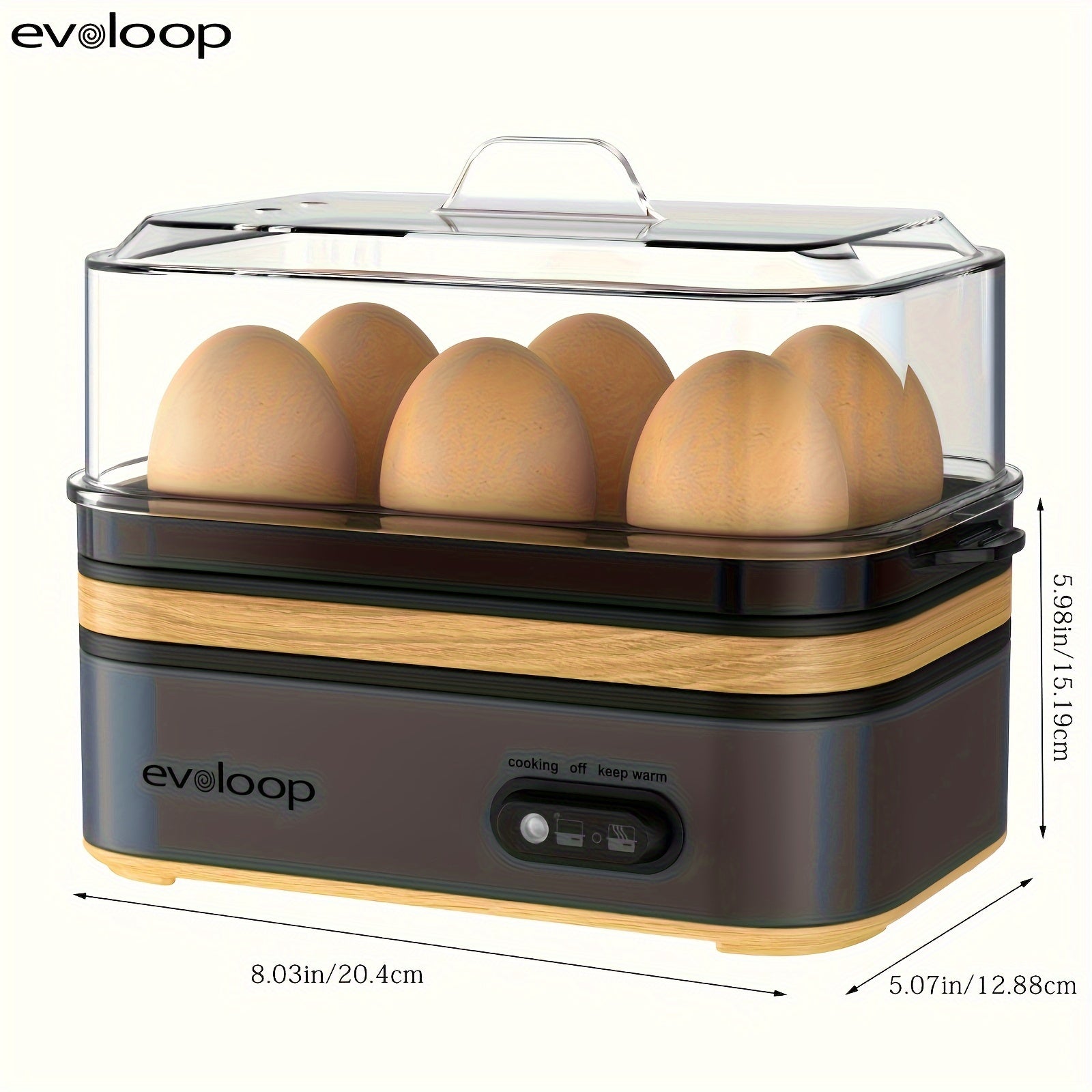 Evoloop Rapid Egg Cooker - 6-Egg Capacity, BPA-Free Stainless Steel with Clear Tritan Lid, 400W Electric Egg Cooker for Hard Boiled, Poached, Scrambled, or Omelette, Includes Measurement Cup & 2 Poaching Trays, Auto Shut Off,
