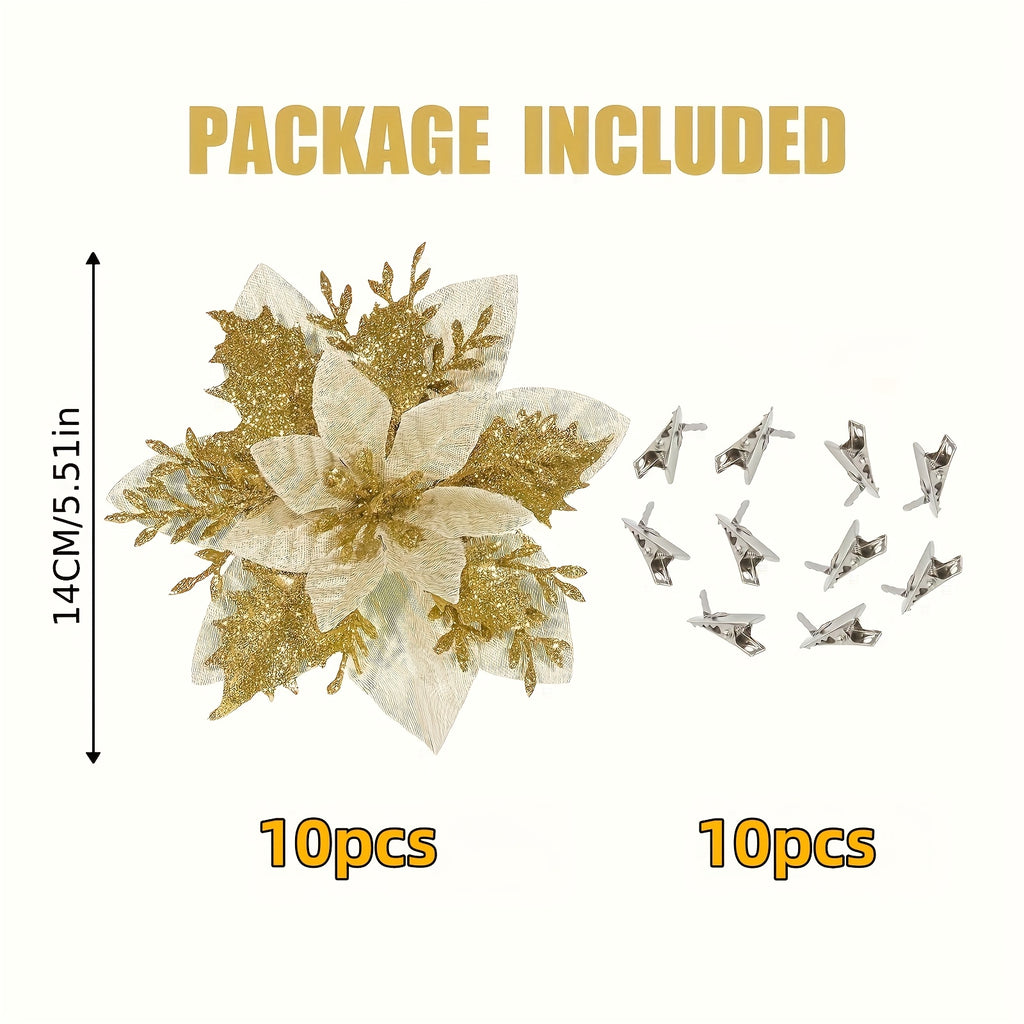 [Shiny Golden Christmas Flowers] 20pcs Shiny Golden Christmas Flowers | 10 Blooms & 10 Clips, No Electricity Needed, Durable Plastic Poinsettia for Xmas Tree Wreaths, Weddings, Parties, Holiday Decorations, Festive Floral Arr