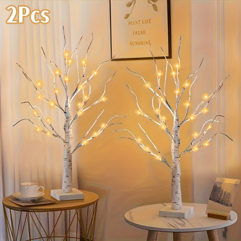 [2pcs LED Birch Tree] 2pcs 24 LED Birch Tree Lights | Easter Twinkling Tree Ornaments with Adjustable Branches, 3AA&USB Powered, Decorative Lamp for Party, Bedroom, Indoor Activities, Christmas & Halloween Decorations