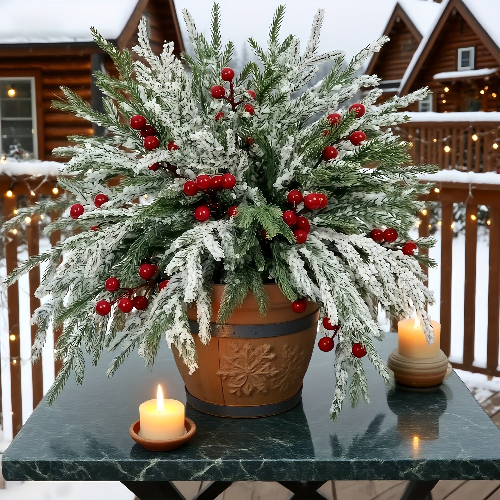 30pcs - Outdoor Artificial Norfolk Pine Branches with Red Berries - Realistic Pine Tree Wreath, Green Needles and Snow-Covered, Suitable for Outdoor Use - Christmas