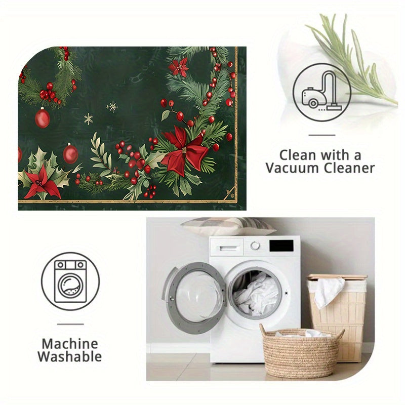 1pc Modern Christmas Holly Pattern Mat, Indoor Large Mat, Christmas Decoration, Non-Slip Backing and Machine Washable, Suitable for Living Room, Dining Room, Bedroom, Office, Room Decoration, Home Decoration, Ultra Soft Hypoa