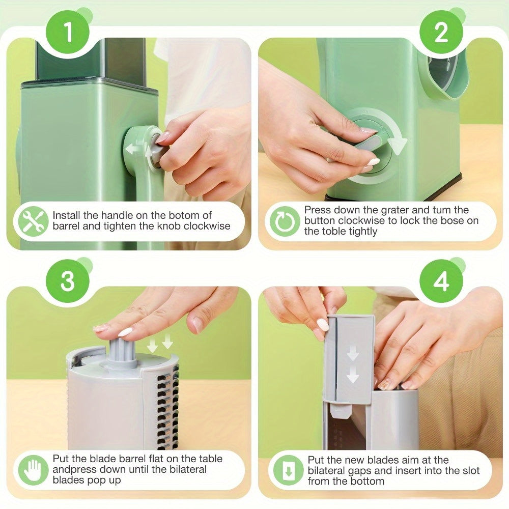 Manual Rotary Slicer with Blades - Multifunctional Vegetable and Cheese Grinder, Durable Plastic Kitchen Tool for Easy Slicing, Shredding, and Tearing, Efficient Food Prep, Compact Design for All Seasons, Mandoline Slicer, Ve