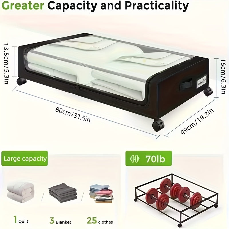 2pcs Under Bed Storage Organizer Metal Underbed Bins With Wheels And Lid Metal Underbed Storage Containers Under Bed Rolling Storage For Clothes, Bedding, Shoes, Blankets, Books, Toys, Under-Bed Storage