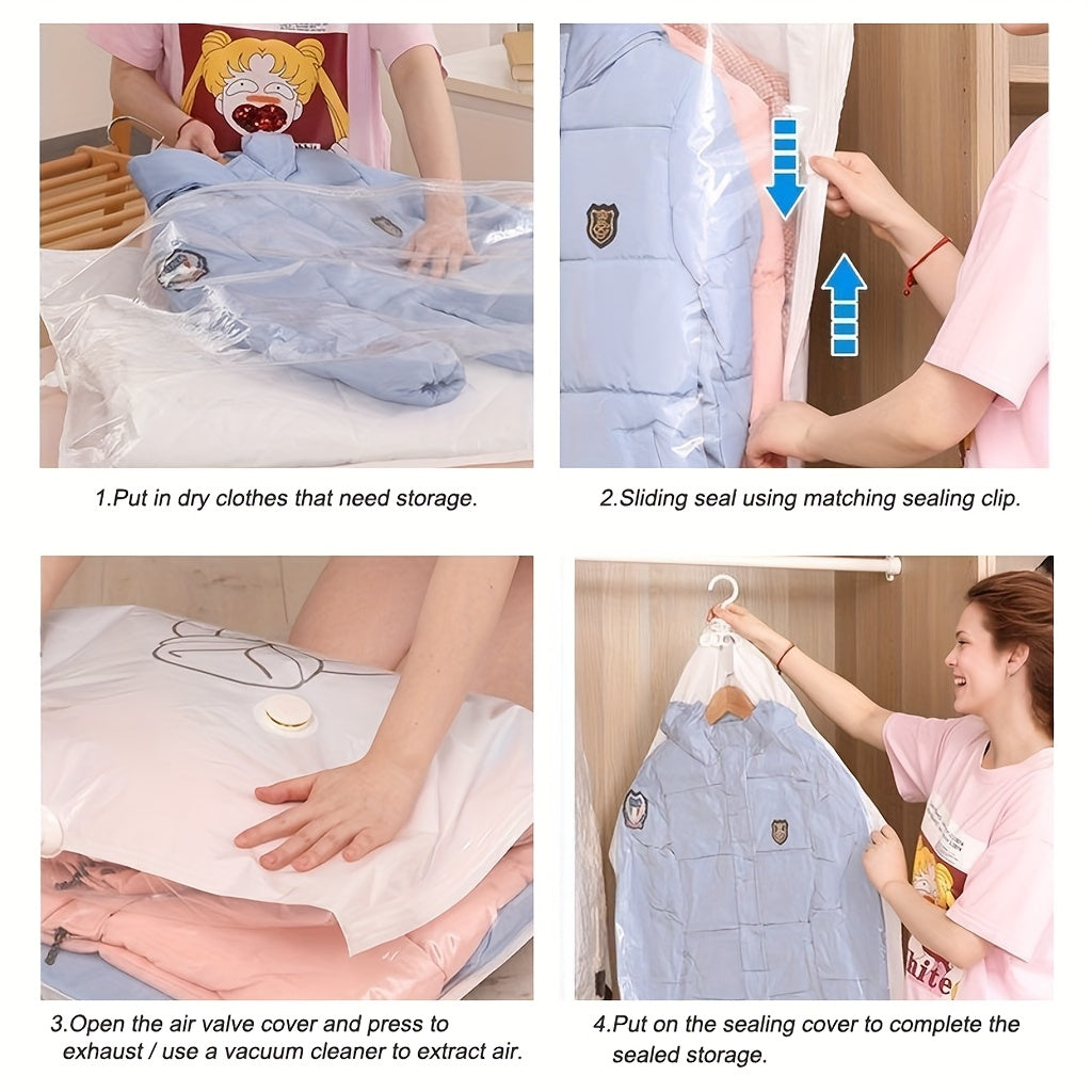 8-Pack Hanging Vacuum Storage Sealer Bags, Space Saving, for Clothes, Suits And Jackets, Wardrobe Organizer Bags, Travel, 8pcs Set (4 Long Bags, 4 Short Bags), White And Transparent