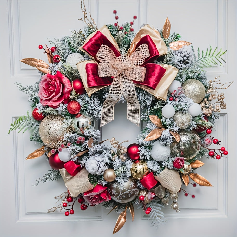 Elegant Red & Golden Christmas Wreath with Mixed Ribbons, Red Berries & Roses - Artificial Plastic Door Wreath for Indoor/Outdoor Holiday Decor, Perfect For Christmas, Halloween, Winter Celebrations, Christmas Decorations, Be
