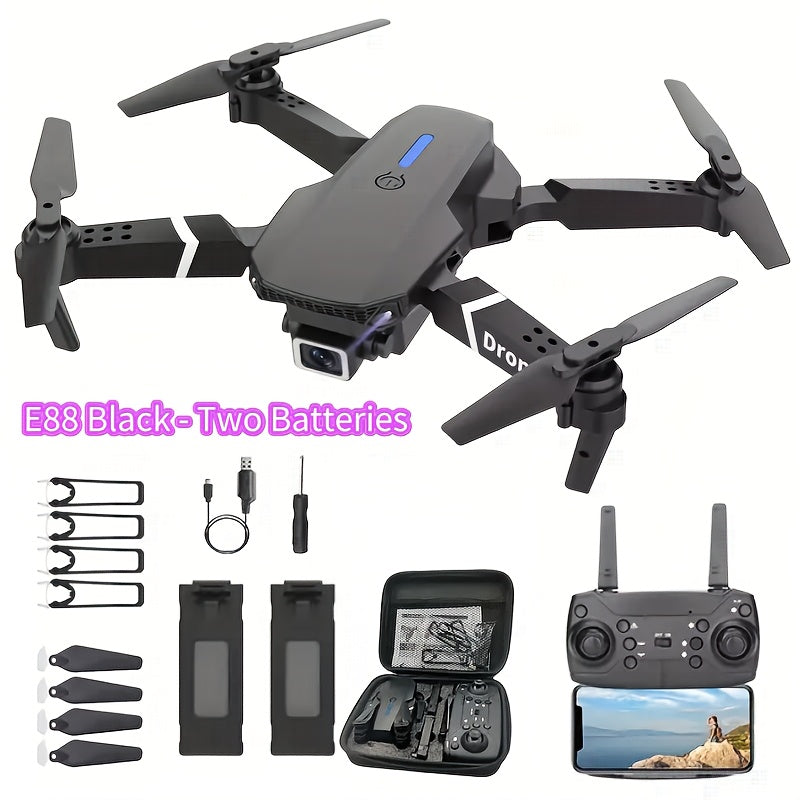 E88/E99 Black/Orange Drone With Camera, Foldable Rc Drone With APP Control, S2S Black Drone With Camera, Real-time Video Remote Control Quadcopter, Comes With 2 Batteries, Birthday Gift Indoor And Outdoor Drone Aircraft, Chri