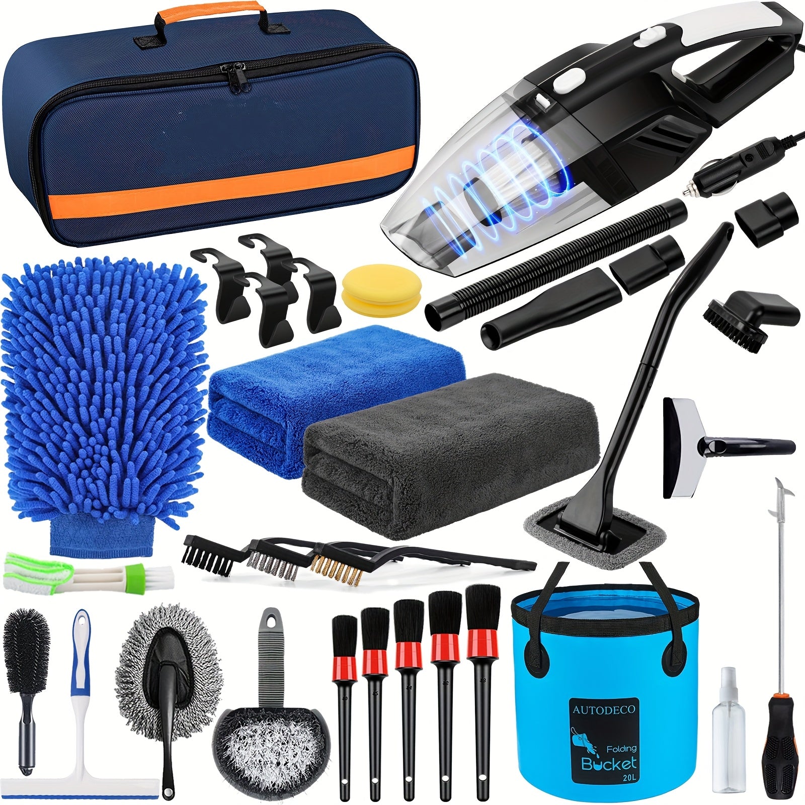 FCLUSLL 41pcs Car Cleaning And Washing Kit, Internal Detail Cleaning Kit, Equipped with High-power Handheld Vacuum Cleaner, Foldable Bucket, Windshield Tool, Snow Shovel, Tire Brush, Complete Set Of Car Care Tools, Holiday Gi