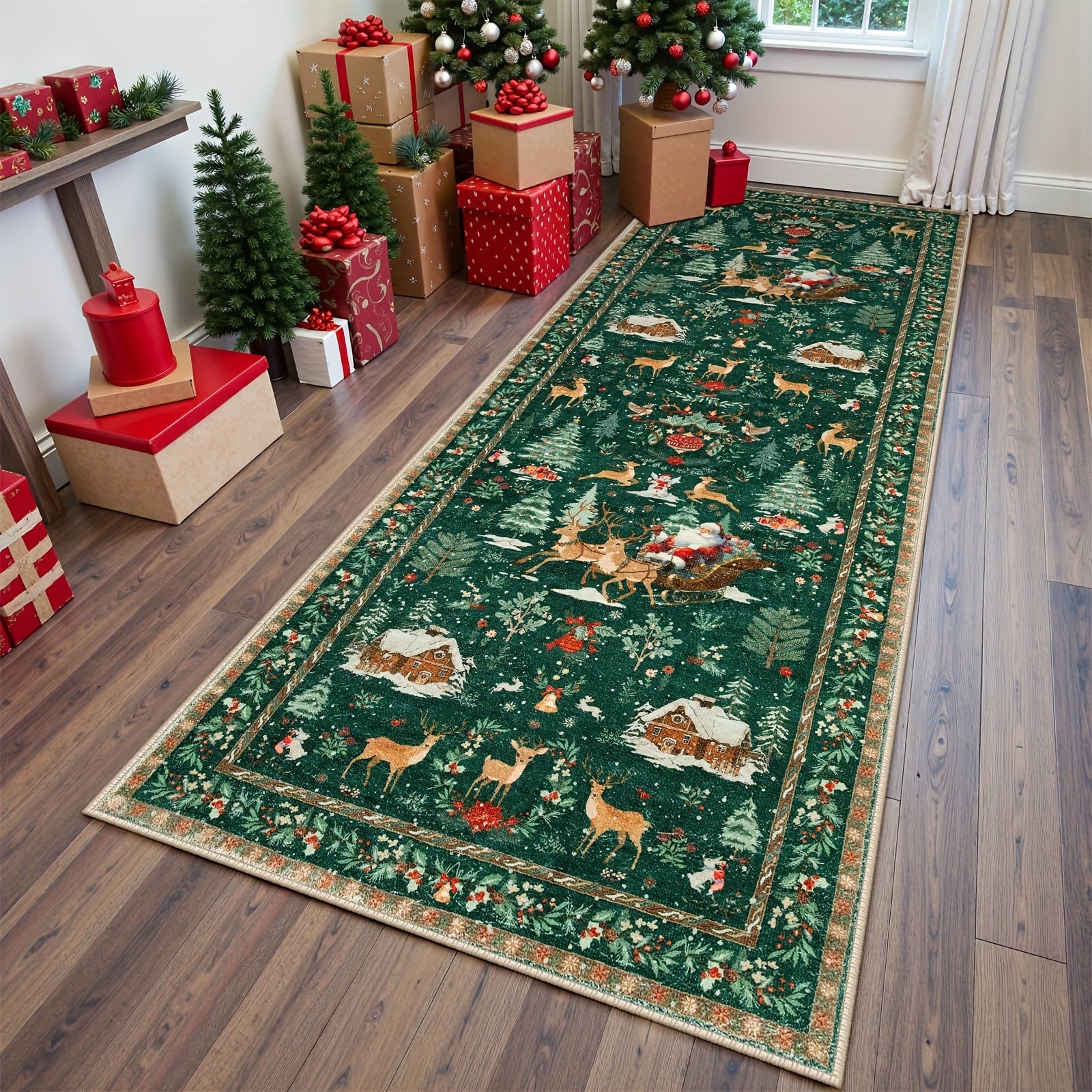 Christmas Running Mat 24x71in Red Running Mat, Suitable for Hallway, Kitchen Mat, Washable Mat, Soft Christmas Tree Santa Claus Running Mat, Used for Bathroom Bedside Holiday Decoration (Red and Green), Christma Carpet Runner