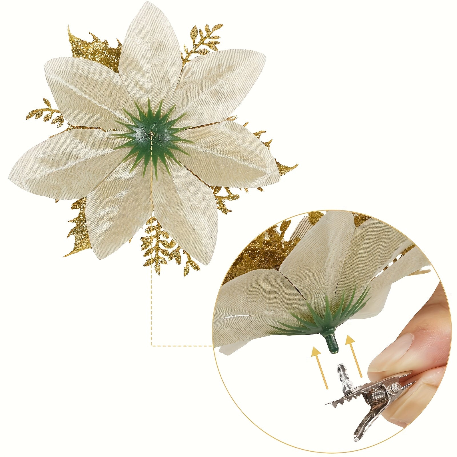 [Shiny Golden Christmas Flowers] 20pcs Shiny Golden Christmas Flowers | 10 Blooms & 10 Clips, No Electricity Needed, Durable Plastic Poinsettia for Xmas Tree Wreaths, Weddings, Parties, Holiday Decorations, Festive Floral Arr