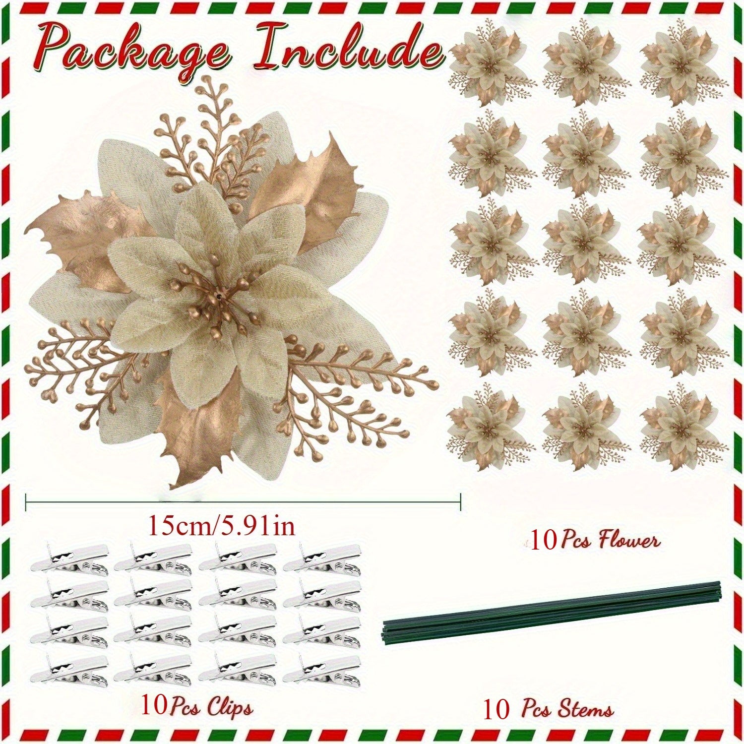 30pcs Christmas Tree Decorations with Poinsettia Clips - Colorful Sugar Shape Artificial Flower Branches, Red Poinsettia Flowers and Golden Accents, Plastic Holiday Decorations, Suitable for Christmas Trees, Wreaths, Vase Fil
