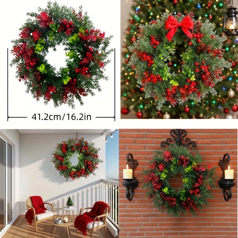 2025 Fall New Style 16.7-inch Christmas Wreath, Durable Non-Shedding｜with Red Berries, Pine Leaves and Green-Red Foliage - Heavy-Duty Plastic Indoor/Outdoor Door Decor Wall Fireplace Ornament No Electricity Needed All Weath