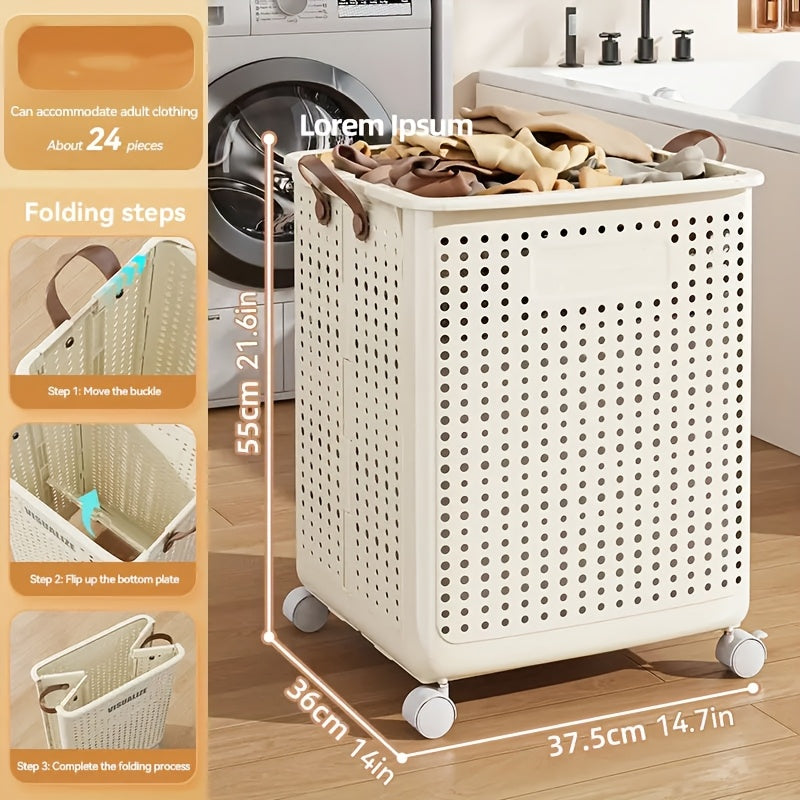 15.8/205GaA Large Foldable Wheeled Laundry Basket (Multiple Sizes Available) Without Lid - Faux Leather, Solid Color, Versatile Folding Portable Laundry Basket for Bathroom and Balcony Storage, Laundry Bag, Laundry Room Acces
