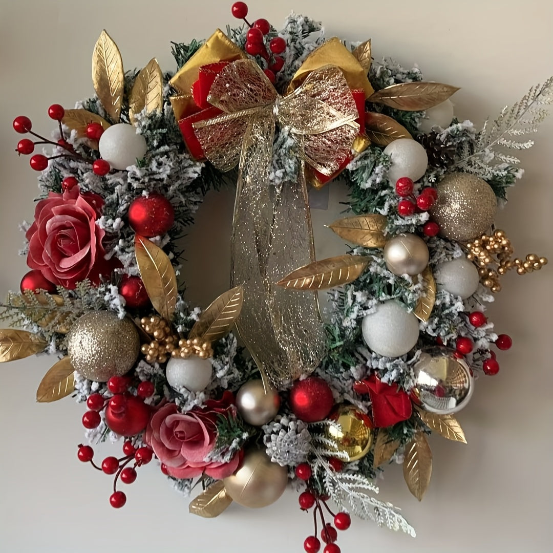 Elegant Red & Golden Christmas Wreath with Mixed Ribbons, Red Berries & Roses - Artificial Plastic Door Wreath for Indoor/Outdoor Holiday Decor, Perfect For Christmas, Halloween, Winter Celebrations, Christmas Decorations, Be