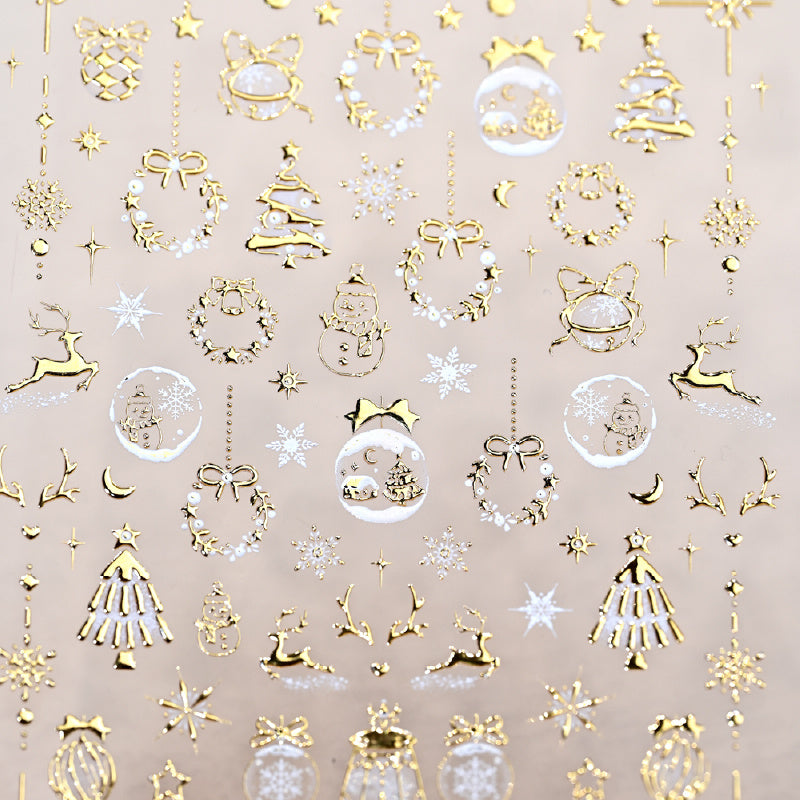 Christmas Nail Stickers - Golden Embossed Snowflakes on Branches, 3D Christmas Tree & Crystal Ball Design with Bells, Reindeer & More Classic Holiday Elements! Sparkling Blingbling Glitter Effect, Easy to Apply with Adhesive