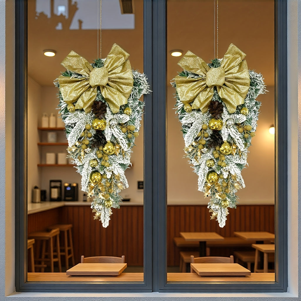 Christmas Flocked Hanging Wreath, Nordic Style in Red/Golden/Green/Blue, 60cm/23.62inch Bow Staircase Garland, Perfect Holiday Home Decor, Front Door Window Hanging Decoration, Feather-Free No Electricity Needed, 1pc/2pcs/3pc