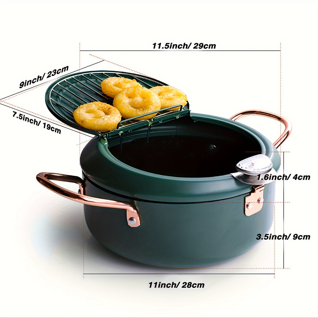 Deep Fryer Pot, 4.3L/11 Inch Japanese Tempura Frying Pot with Fahrenheit Thermometer, for Tempura/Frech/Fish/Chicken Fries, Easy Clean, Green