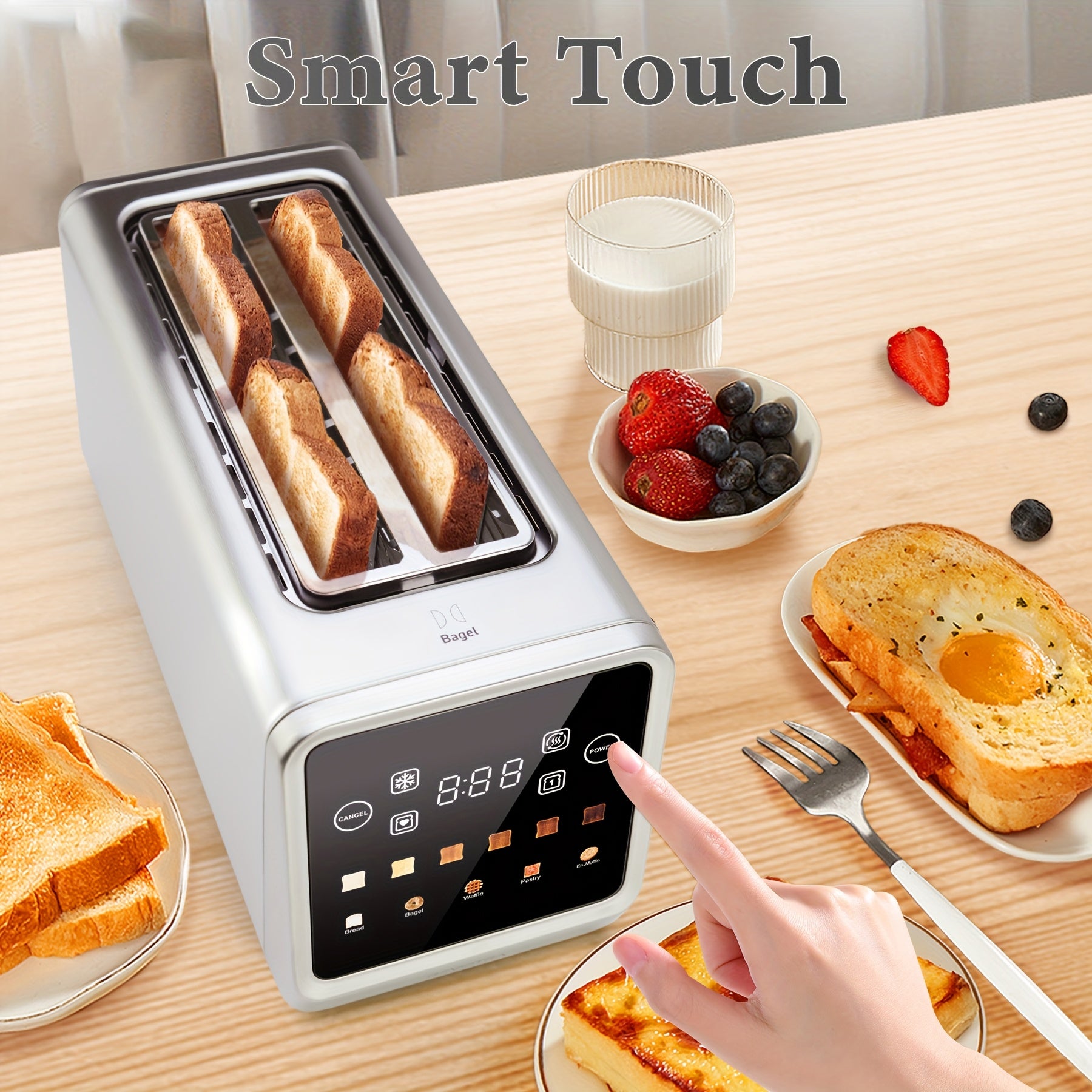 Long Slot Toaster 4 Slice, Touch Screen LED Display, 1.5" Extra Wide Slots for Thick Bread & Bagels, Countdown Timer, Memory Function, Dual Independent Control, 6 Shade Settings, Stainless Steel
