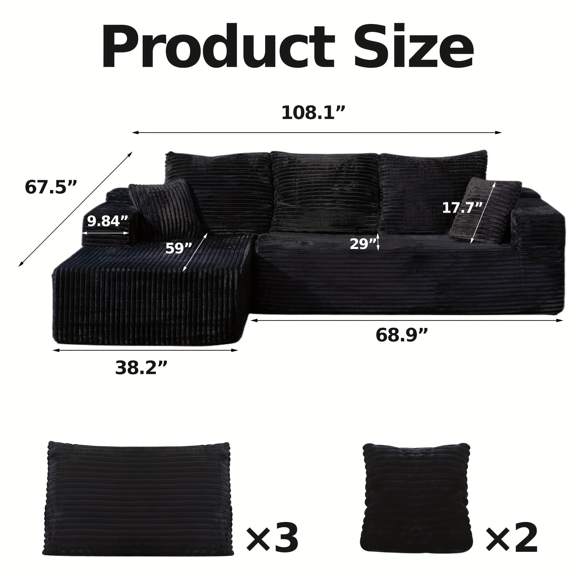 LIAROO Oversized L Shaped Couch With Chaise, Minimalist Compressed Boneless Couch No Assembly Required, Modular Cloud Sectional Sofa For Living Room Bedroom, Right Facing Chaise, Plush Corduroy