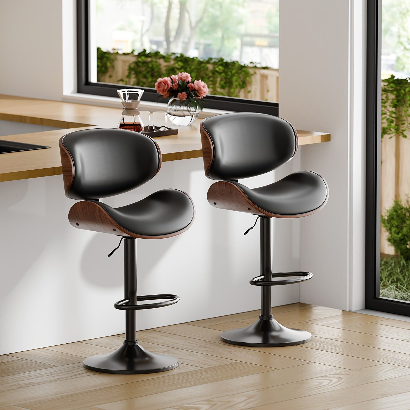 Bar Stools, Swivel Adjustable Height Barstools, PU Leather Upholstered Bar Chairs With Footrest, Bentwood Bar Stool For Kitchen, Bar, Dining Room