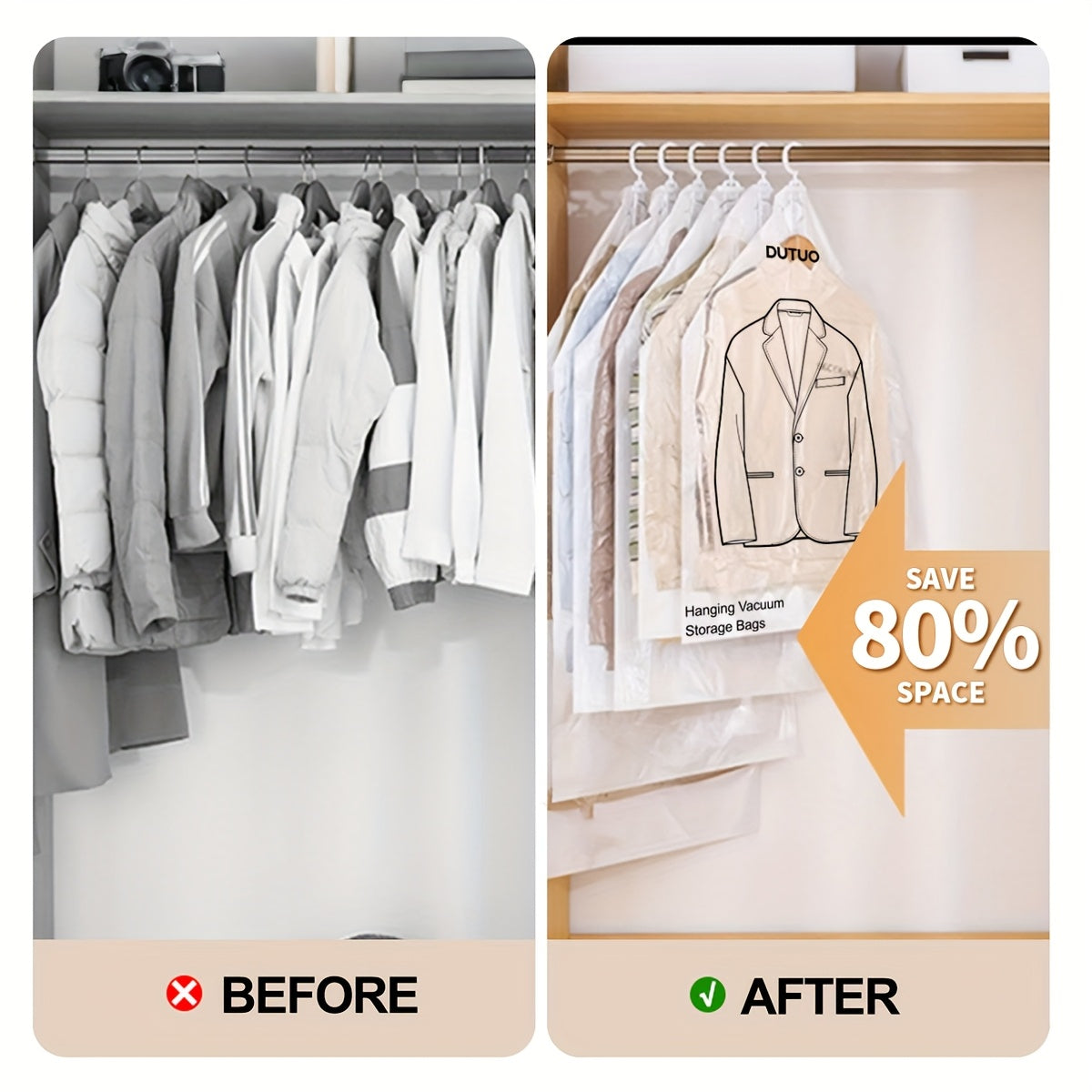 8-Pack Hanging Vacuum Storage Sealer Bags, Space Saving, for Clothes, Suits And Jackets, Wardrobe Organizer Bags, Travel, 8pcs Set (4 Long Bags, 4 Short Bags), White And Transparent