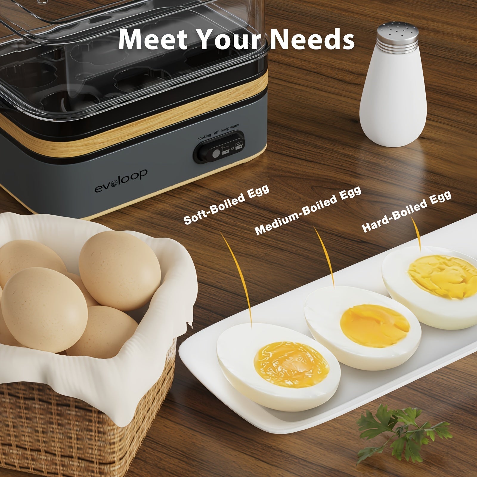 Evoloop Rapid Egg Cooker - 6-Egg Capacity, BPA-Free Stainless Steel with Clear Tritan Lid, 400W Electric Egg Cooker for Hard Boiled, Poached, Scrambled, or Omelette, Includes Measurement Cup & 2 Poaching Trays, Auto Shut Off,