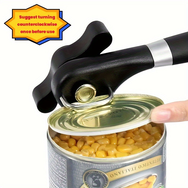 [Stainless Steel Can Opener] 1pc TLDOD Stainless Steel Manual Can Opener - Quick & Easy Side Opening Tool with Black Plastic Handle - Effortless Kitchen Essential for Home Use - Sleek Modern Design