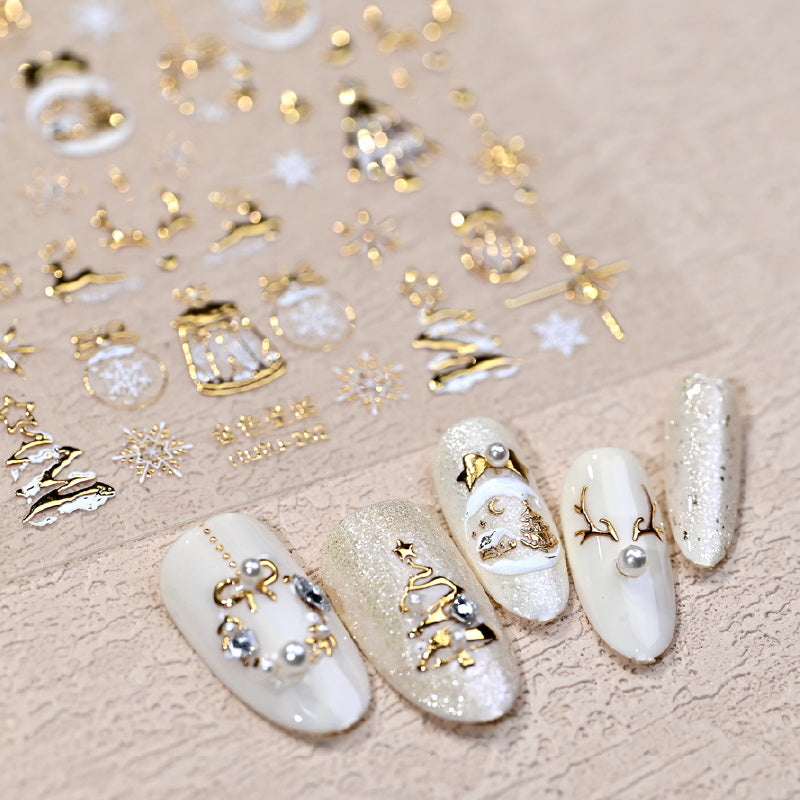 Christmas Nail Stickers - Golden Embossed Snowflakes on Branches, 3D Christmas Tree & Crystal Ball Design with Bells, Reindeer & More Classic Holiday Elements! Sparkling Blingbling Glitter Effect, Easy to Apply with Adhesive