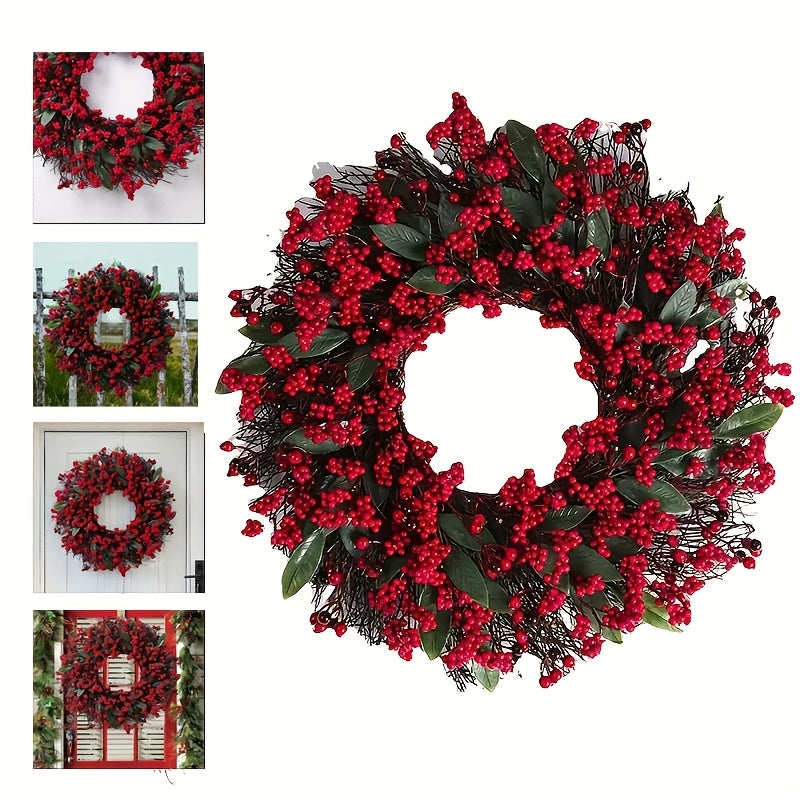 1pc Large Artificial Holly Berry Wreath with Realistic Red Berries & Green Leaves - Oversized Round Door Wall Hanging for Christmas, Hanukkah, Easter, Thanksgiving - /Outdoor Plastic Faux Holly Wreath for Mantel, Porch,