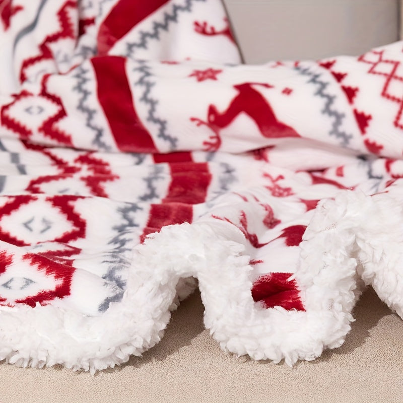 [Christmas Flannel Blanket] Christmas Double-Layer French Style Reindeer Snowflake Flannel Blanket | 100% Polyester Machine Washable Anti-Tear All-Season Throw for Couch, Bed, Home Decor (White with Red & Green Holiday Design