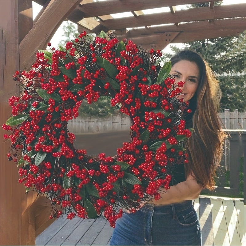 1pc Christmas Red Berry Wreaths 48cm/18.5in Simulation Wreaths with Thick Red Berries Artificial Festival Decoration Christmas Home Hanging Decoration Showcase Fireplace Doors and Windows Wall Material Durable Artificial Plan