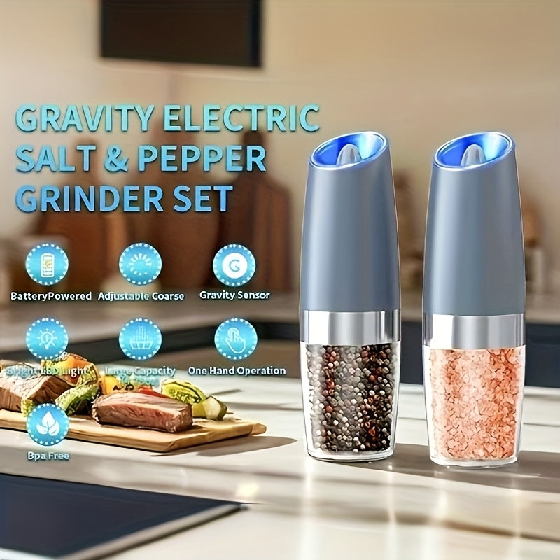 1pc/2pcss Electric Salt And Pepper Grinder, Automatic Pepper Mill, Salt And Pepper Grinder Electric 2pcs, Tilted Automatic Grind With LED Light, Battery Powered, Adjustable Coarseness, Easy To Clean, One-Hand Operation, Kitch