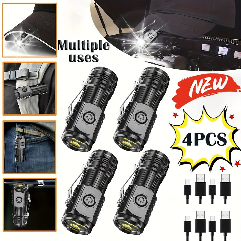 4pcs Rechargeable High-Power LED Flashlights with Zoomable Spotlight, USB Cable, Super Bright, Long Range, Tactical Work Light for Camping, Hunting, Hiking, Emergency