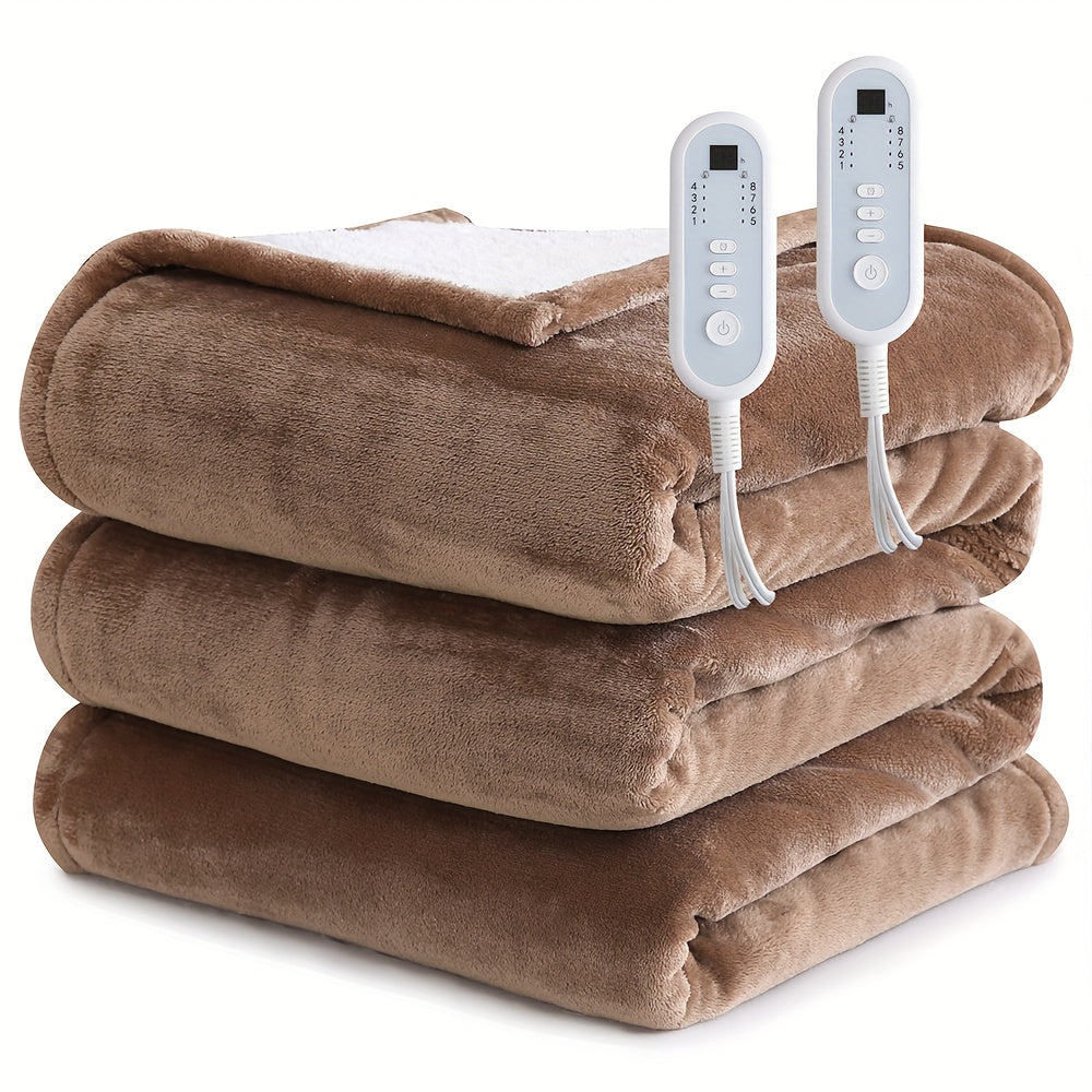 Extra Large Flannel And  Electric Blanket With Time And Temperature Control, 10 Hour Auto-Off, 8 Temperature Levels, Queen/King Two Controllers, Throw/Twin/Full With 1 Controller, Machine Washable, PTC+NTC Overheat Protection