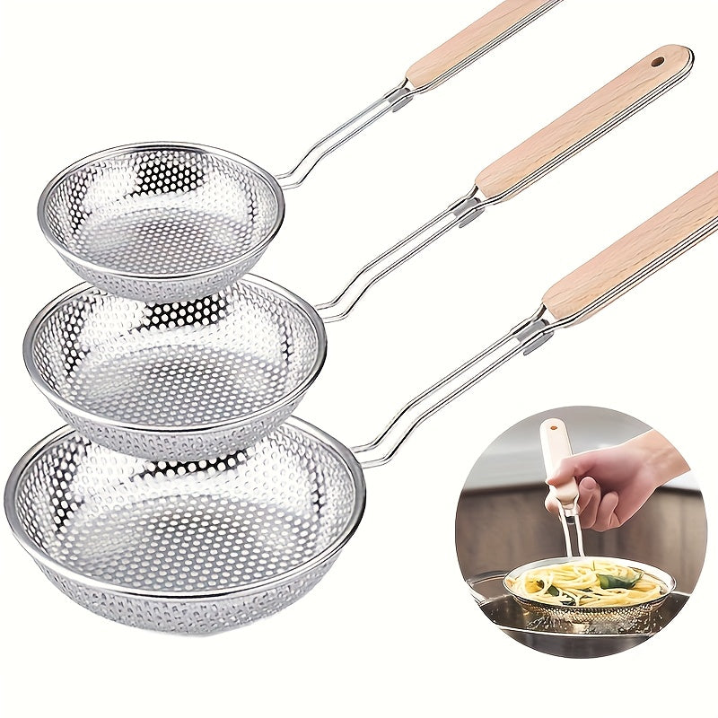 3pcs Stainless Steel Wooden Handle Strainers - Ideal for Frying, Draining, and Serving Pasta & Noodles, Perfect for Food Preparation and Oil Filtering, Food Preparation Essentials | Modern Kitchenware | Durable Kitchen Utensi