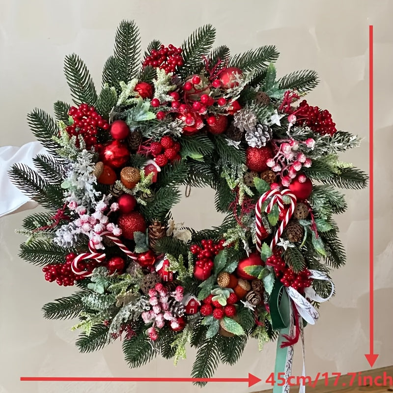 Christmas Wreath Decoration with Red Berries, Pine Cones, Candy Accents - Heavy-Duty Plastic Holiday Door Hanging Decor for Home, Mantel, Table Centerpiece - No Electricity Needed, Easy Hang with Loop - Indoor/Outdoor Christm