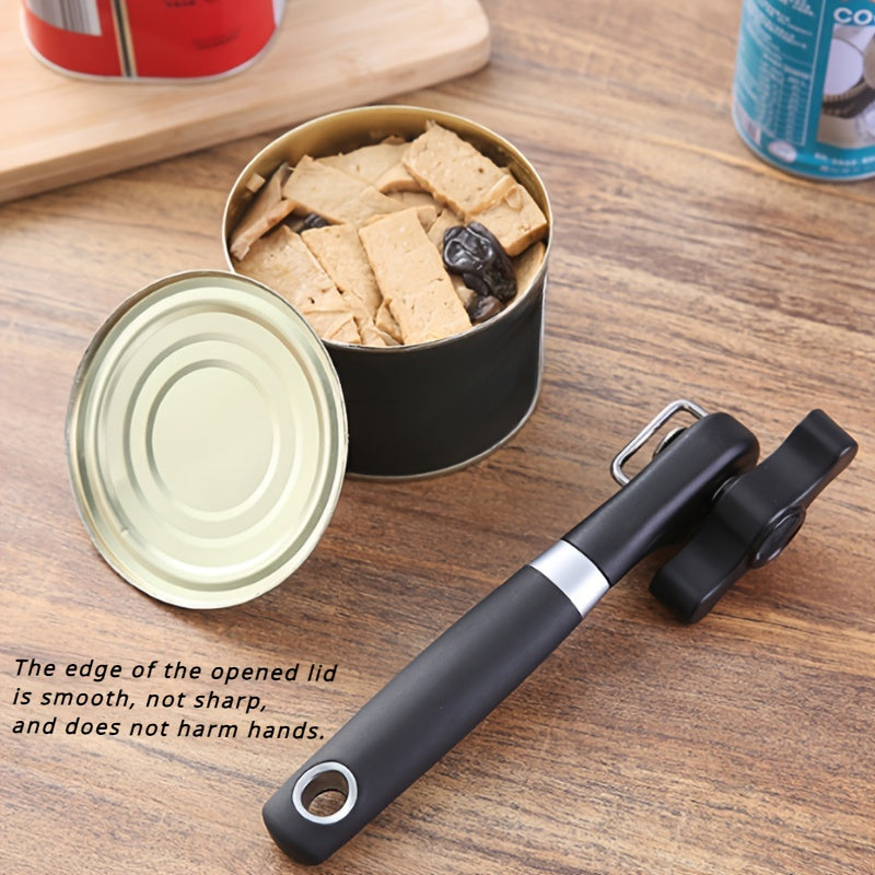 [Stainless Steel Can Opener] 1pc TLDOD Stainless Steel Manual Can Opener - Quick & Easy Side Opening Tool with Black Plastic Handle - Effortless Kitchen Essential for Home Use - Sleek Modern Design