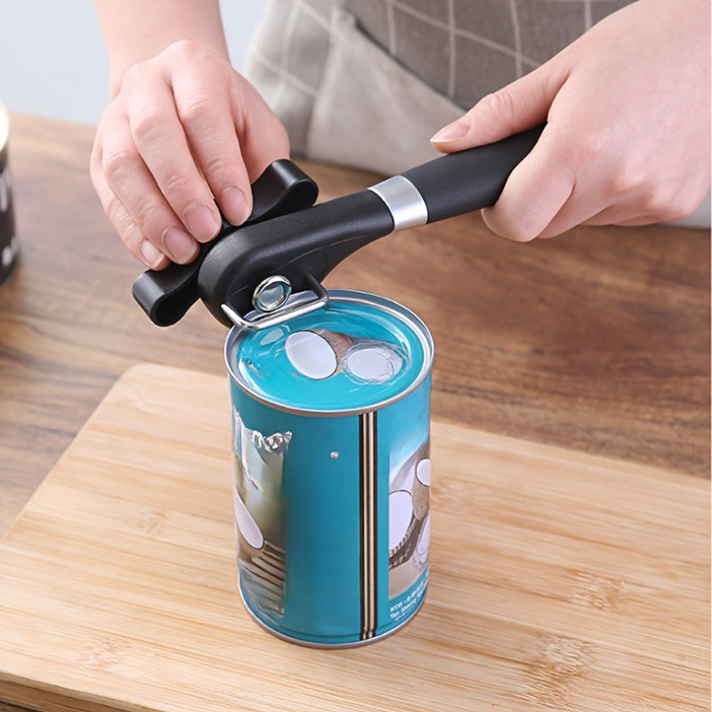 [Stainless Steel Can Opener] 1pc TLDOD Stainless Steel Manual Can Opener - Quick & Easy Side Opening Tool with Black Plastic Handle - Effortless Kitchen Essential for Home Use - Sleek Modern Design