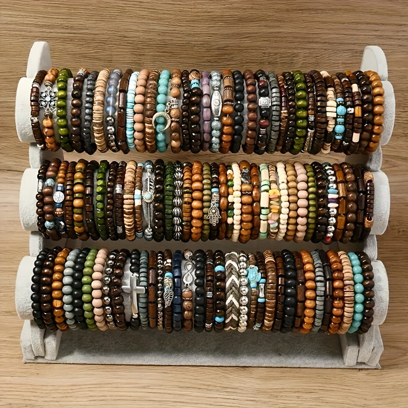 [Handcrafted Wooden Bead Set] 72pcs Handcrafted Boho Wooden Bead Bracelet Set - Stackable Stretch Design, Ideal Anniversary Gift, No Mosaic Material